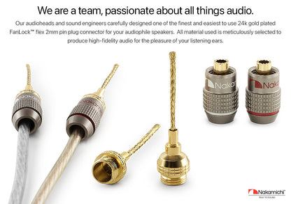 Nakamichi FanLock Excel Series 24k Gold Plated 2mm Flex Pin Banana Plugs 10 AWG - 18 AWG Gauge Size for Spring Clip Terminal Speakers Amplifier Hi-Fi Wire Cable Quick Connector