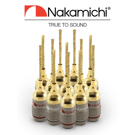 Nakamichi FanLock Excel Series 24k Gold Plated 2mm Flex Pin Banana Plugs 10 AWG - 18 AWG Gauge Size for Spring Clip Terminal Speakers Amplifier Hi-Fi Wire Cable Quick Connector