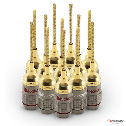 Nakamichi FanLock Excel Series 24k Gold Plated 2mm Flex Pin Banana Plugs 10 AWG - 18 AWG Gauge Size for Spring Clip Terminal Speakers Amplifier Hi-Fi Wire Cable Quick Connector