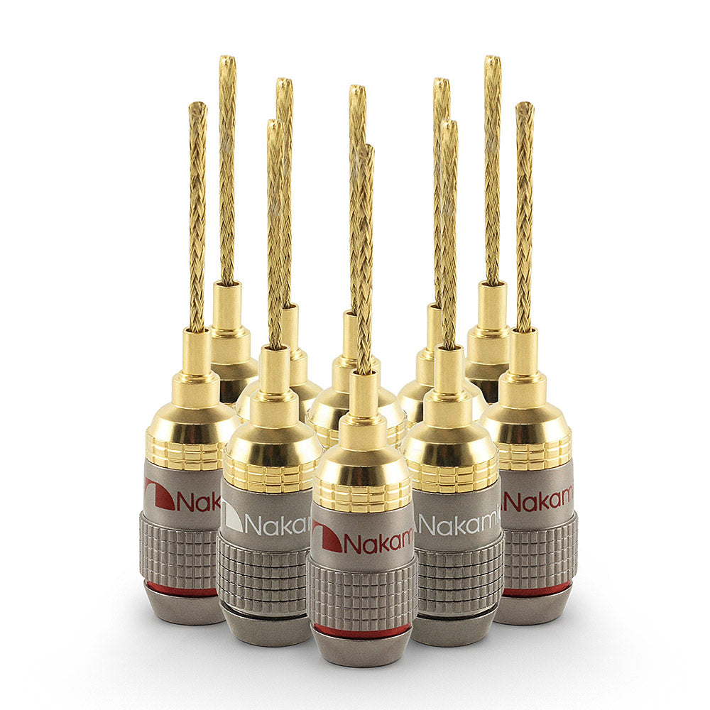 Nakamichi FanLock Excel Series 24k Gold Plated 2mm Flex Pin Banana Plugs 10 AWG - 18 AWG Gauge Size for Spring Clip Terminal Speakers Amplifier Hi-Fi Wire Cable Quick Connector