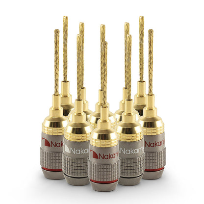 Nakamichi FanLock Excel Series 24k Gold Plated 2mm Flex Pin Banana Plugs 10 AWG - 18 AWG Gauge Size for Spring Clip Terminal Speakers Amplifier Hi-Fi Wire Cable Quick Connector