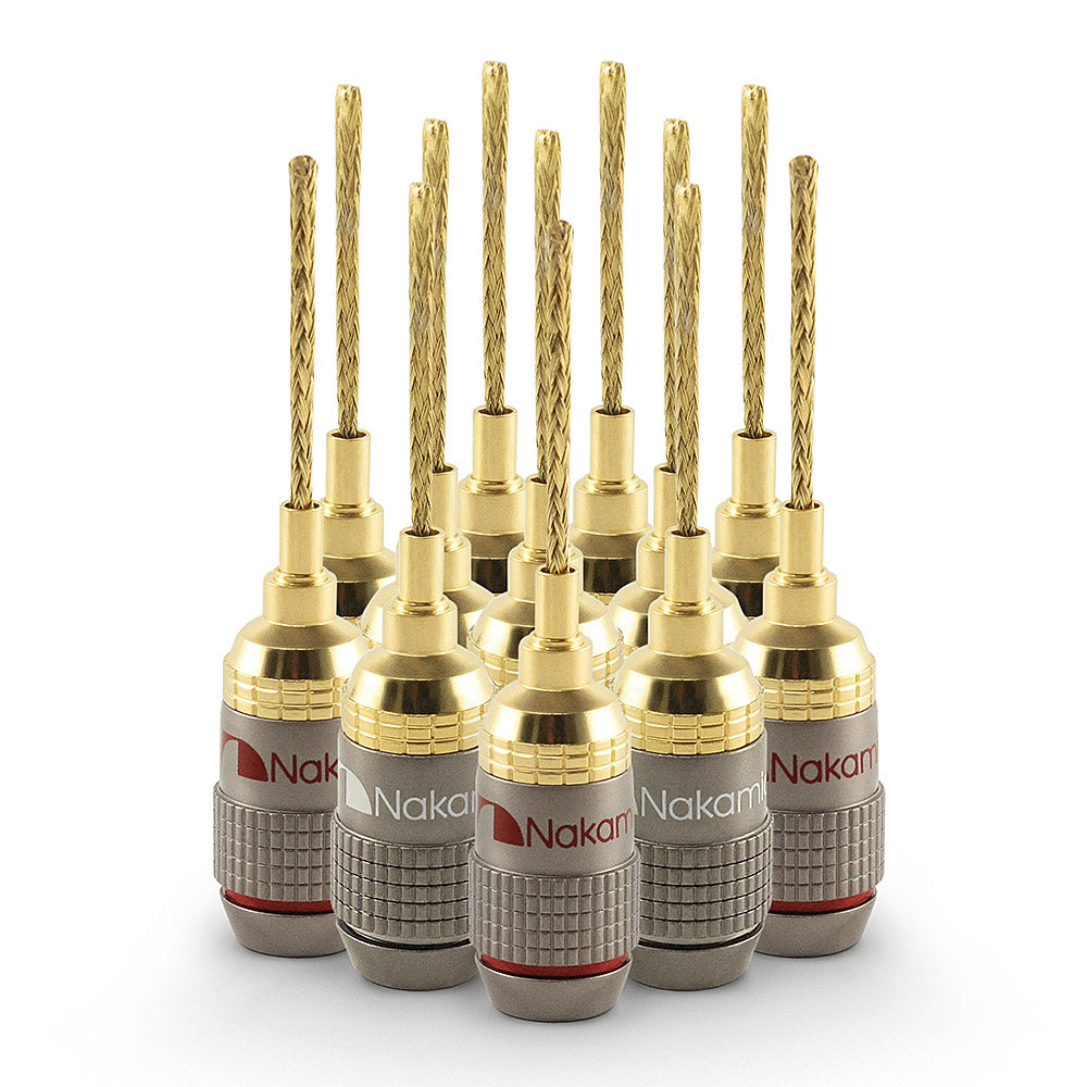 Nakamichi FanLock Excel Series 24k Gold Plated 2mm Flex Pin Banana Plugs 10 AWG - 18 AWG Gauge Size for Spring Clip Terminal Speakers Amplifier Hi-Fi Wire Cable Quick Connector