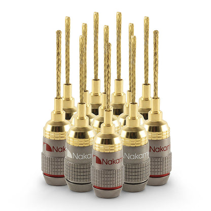 Nakamichi FanLock Excel Series 24k Gold Plated 2mm Flex Pin Banana Plugs 10 AWG - 18 AWG Gauge Size for Spring Clip Terminal Speakers Amplifier Hi-Fi Wire Cable Quick Connector