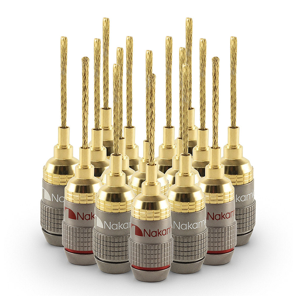 Nakamichi FanLock Excel Series 24k Gold Plated 2mm Flex Pin Banana Plugs 10 AWG - 18 AWG Gauge Size for Spring Clip Terminal Speakers Amplifier Hi-Fi Wire Cable Quick Connector