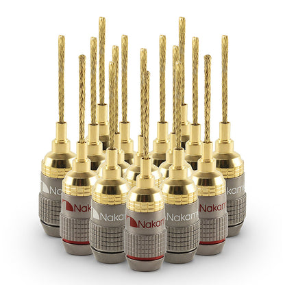 Nakamichi FanLock Excel Series 24k Gold Plated 2mm Flex Pin Banana Plugs 10 AWG - 18 AWG Gauge Size for Spring Clip Terminal Speakers Amplifier Hi-Fi Wire Cable Quick Connector