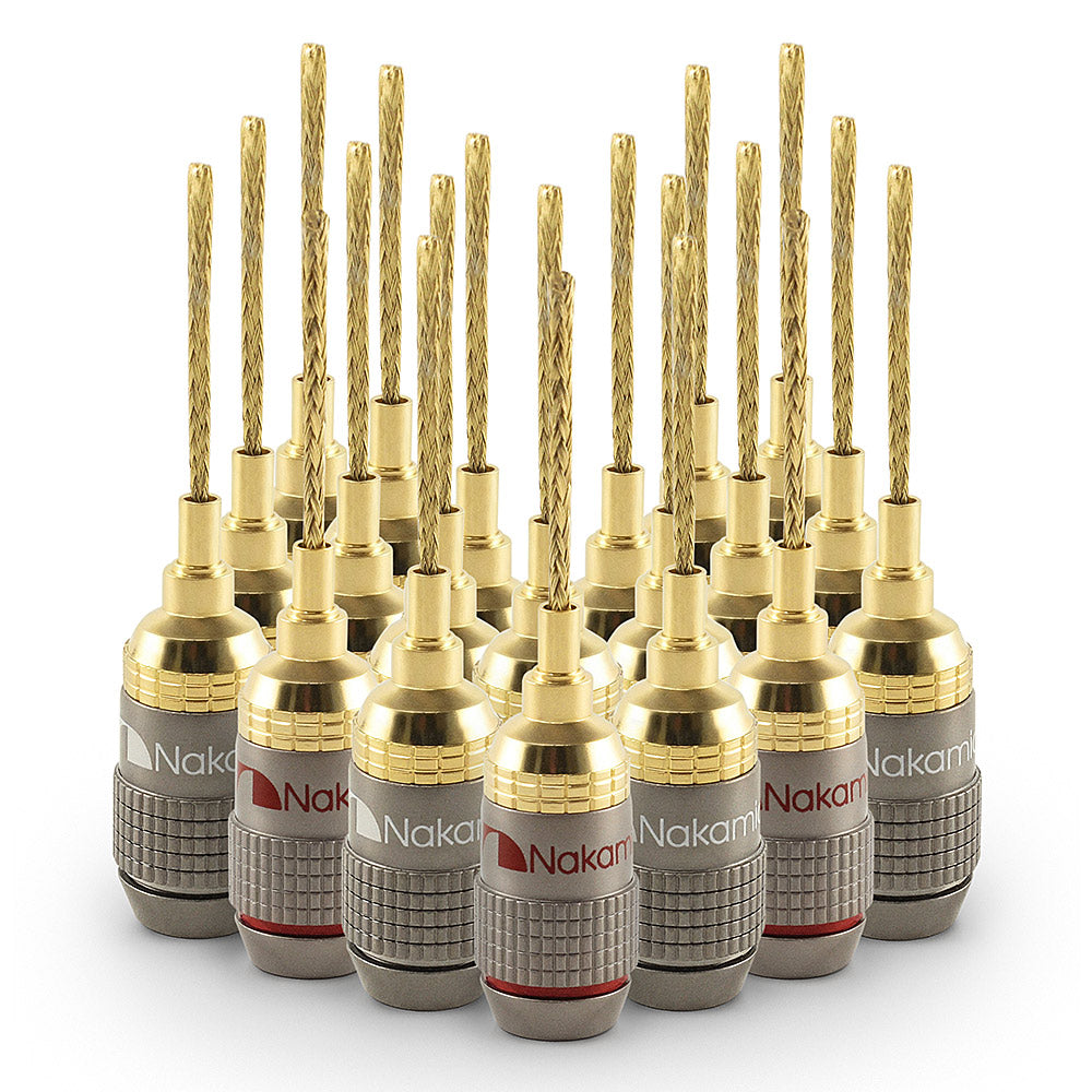 Nakamichi FanLock Excel Series 24k Gold Plated 2mm Flex Pin Banana Plugs 10 AWG - 18 AWG Gauge Size for Spring Clip Terminal Speakers Amplifier Hi-Fi Wire Cable Quick Connector