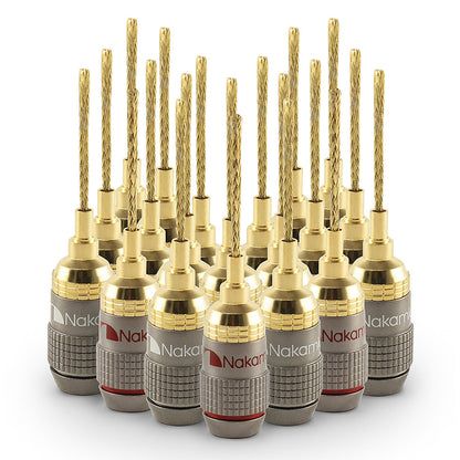 Nakamichi FanLock Excel Series 24k Gold Plated 2mm Flex Pin Banana Plugs 10 AWG - 18 AWG Gauge Size for Spring Clip Terminal Speakers Amplifier Hi-Fi Wire Cable Quick Connector