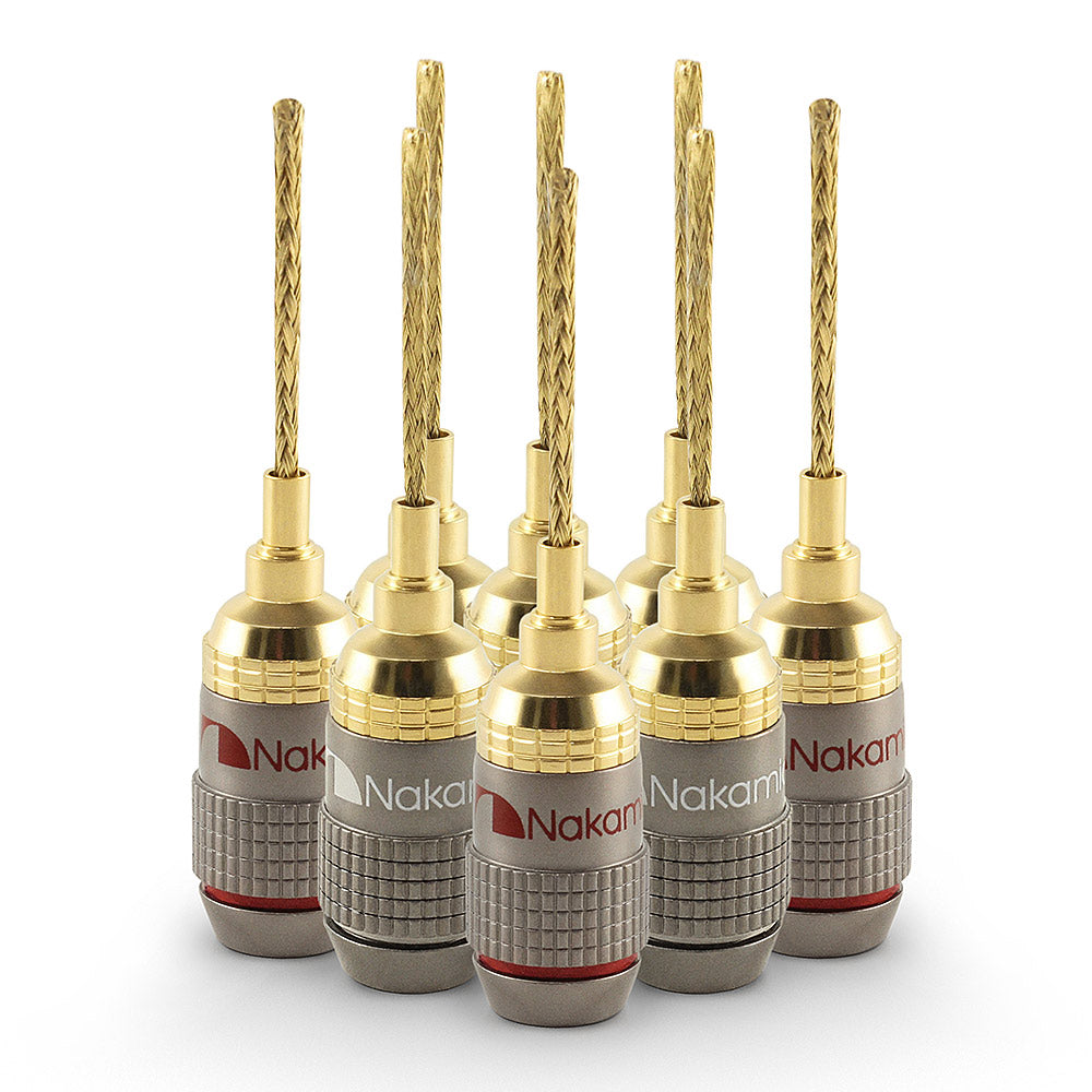 Nakamichi FanLock Excel Series 24k Gold Plated 2mm Flex Pin Banana Plugs 10 AWG - 18 AWG Gauge Size for Spring Clip Terminal Speakers Amplifier Hi-Fi Wire Cable Quick Connector