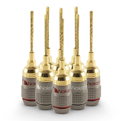 Nakamichi FanLock Excel Series 24k Gold Plated 2mm Flex Pin Banana Plugs 10 AWG - 18 AWG Gauge Size for Spring Clip Terminal Speakers Amplifier Hi-Fi Wire Cable Quick Connector