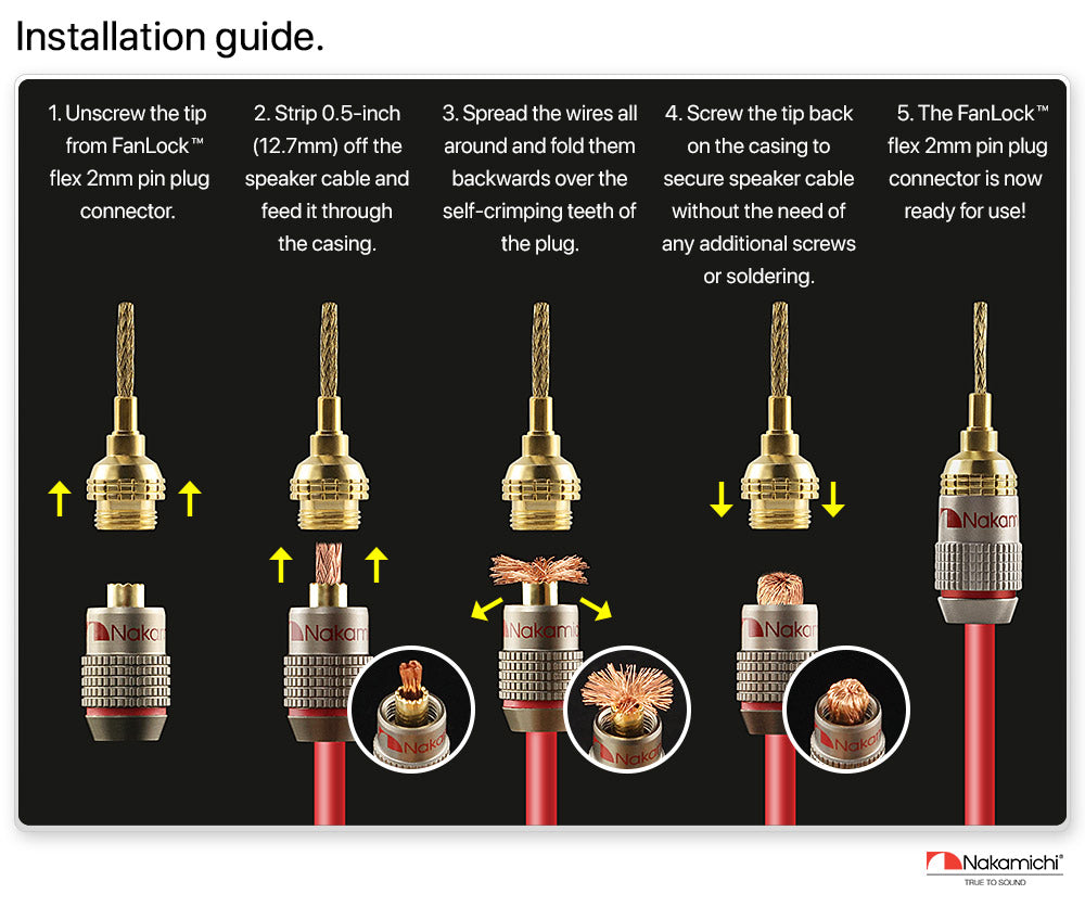 Nakamichi FanLock Excel Series 24k Gold Plated 2mm Flex Pin Banana Plugs 10 AWG - 18 AWG Gauge Size for Spring Clip Terminal Speakers Amplifier Hi-Fi Wire Cable Quick Connector