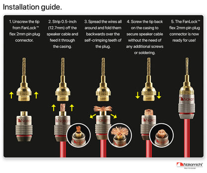 Nakamichi FanLock Excel Series 24k Gold Plated 2mm Flex Pin Banana Plugs 10 AWG - 18 AWG Gauge Size for Spring Clip Terminal Speakers Amplifier Hi-Fi Wire Cable Quick Connector