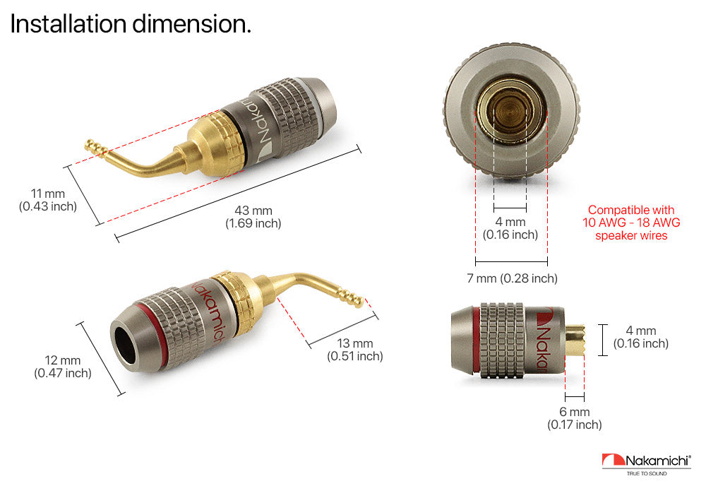 Nakamichi FanLock Excel Series 24k Gold Plated 2mm Pin Plug Banana 10 AWG - 18 AWG Gauge Size 4mm for Spring Clip Speakers Amplifier Hi-Fi Home Theatre Wire Cable Quick Connector