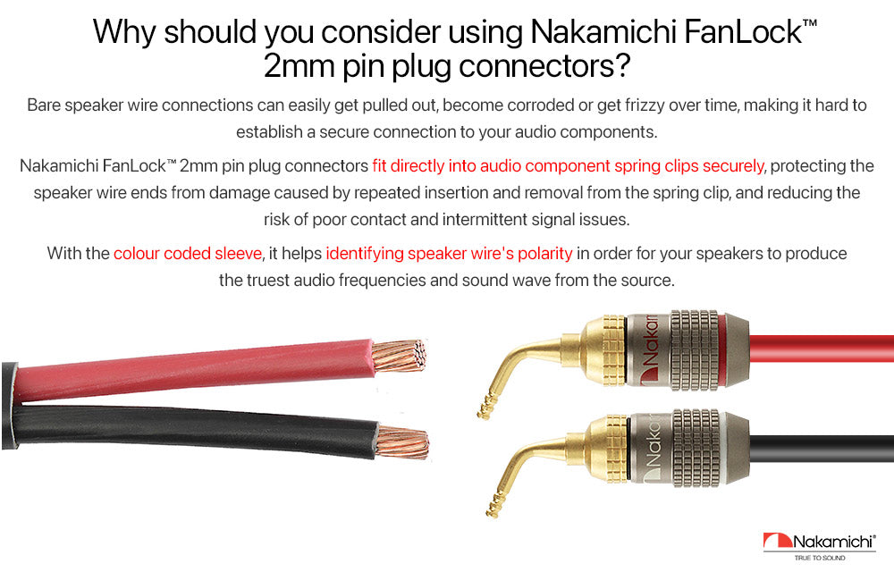 Nakamichi FanLock Excel Series 24k Gold Plated 2mm Pin Plug Banana 10 AWG - 18 AWG Gauge Size 4mm for Spring Clip Speakers Amplifier Hi-Fi Home Theatre Wire Cable Quick Connector