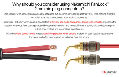 Nakamichi FanLock Excel Series 24k Gold Plated 2mm Pin Plug Banana 10 AWG - 18 AWG Gauge Size 4mm for Spring Clip Speakers Amplifier Hi-Fi Home Theatre Wire Cable Quick Connector