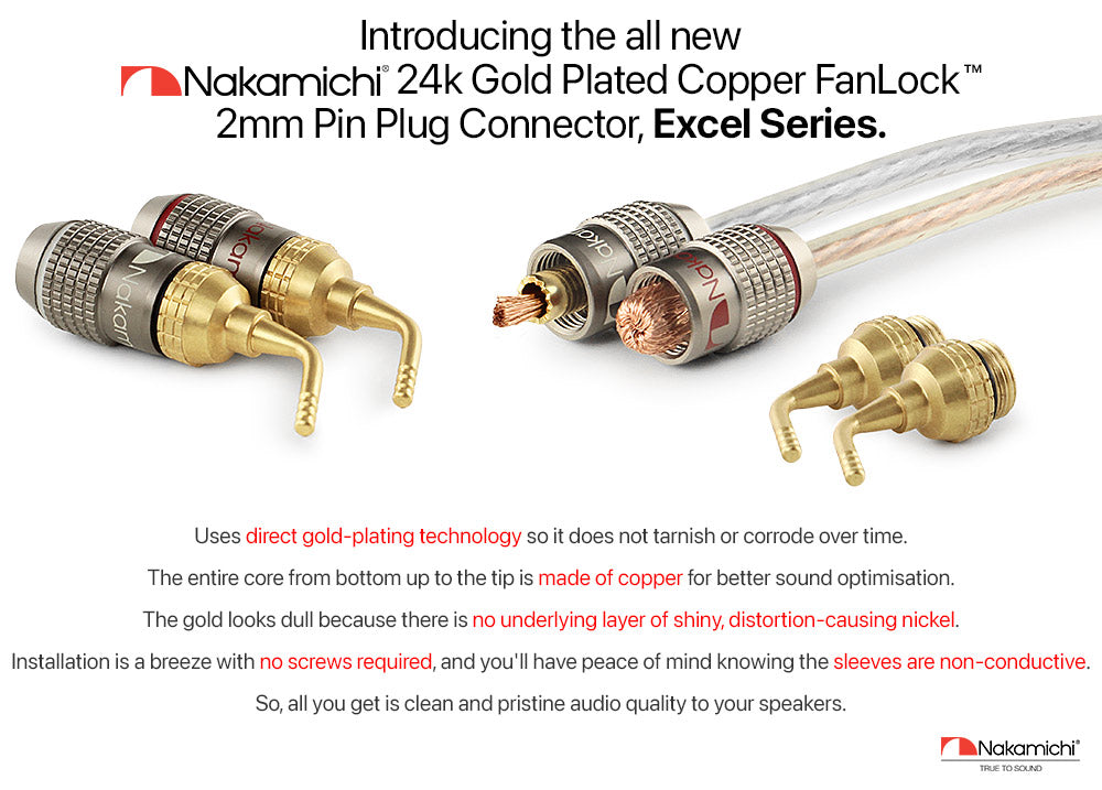 Nakamichi FanLock Excel Series 24k Gold Plated 2mm Pin Plug Banana 10 AWG - 18 AWG Gauge Size 4mm for Spring Clip Speakers Amplifier Hi-Fi Home Theatre Wire Cable Quick Connector