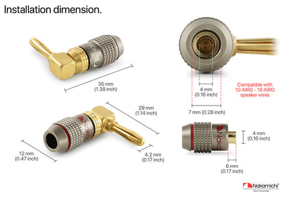 Nakamichi FanLock Excel Series 24k Gold Plated Right-Angle 90 Degree Banana Plug 10 AWG - 18 AWG Gauge Size 4mm for Speakers Amplifier Hi-Fi Home Theatre Wire Cable Quick Connector