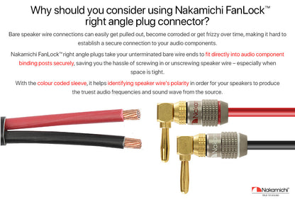 Nakamichi FanLock Excel Series 24k Gold Plated Right-Angle 90 Degree Banana Plug 10 AWG - 18 AWG Gauge Size 4mm for Speakers Amplifier Hi-Fi Home Theatre Wire Cable Quick Connector