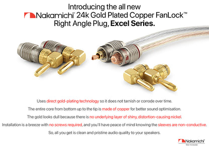 Nakamichi FanLock Excel Series 24k Gold Plated Right-Angle 90 Degree Banana Plug 10 AWG - 18 AWG Gauge Size 4mm for Speakers Amplifier Hi-Fi Home Theatre Wire Cable Quick Connector