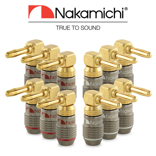 Nakamichi FanLock Excel Series 24k Gold Plated Right-Angle 90 Degree Banana Plug 10 AWG - 18 AWG Gauge Size 4mm for Speakers Amplifier Hi-Fi Home Theatre Wire Cable Quick Connector