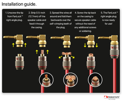 Nakamichi FanLock Excel Series 24k Gold Plated Right-Angle 90 Degree Banana Plug 10 AWG - 18 AWG Gauge Size 4mm for Speakers Amplifier Hi-Fi Home Theatre Wire Cable Quick Connector