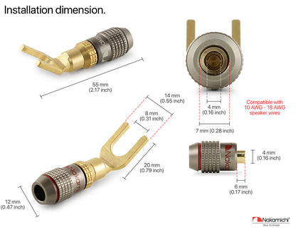 Nakamichi FanLock Excel Series 24k Gold Plated Spade Connector Banana Plug 10 AWG - 18 AWG Gauge Size 4mm for Speakers Amplifier Hi-Fi Home Theatre Wire Cable Quick Connector