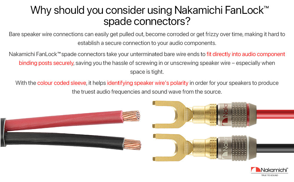 Nakamichi FanLock Excel Series 24k Gold Plated Spade Connector Banana Plug 10 AWG - 18 AWG Gauge Size 4mm for Speakers Amplifier Hi-Fi Home Theatre Wire Cable Quick Connector