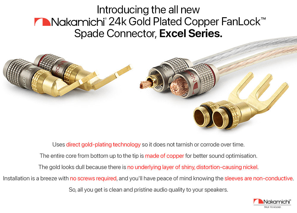 Nakamichi FanLock Excel Series 24k Gold Plated Spade Connector Banana Plug 10 AWG - 18 AWG Gauge Size 4mm for Speakers Amplifier Hi-Fi Home Theatre Wire Cable Quick Connector