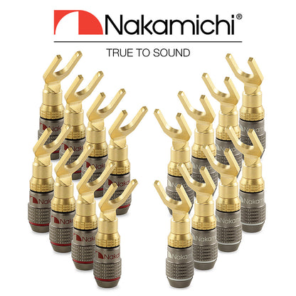 Nakamichi FanLock Excel Series 24k Gold Plated Spade Connector Banana Plug 10 AWG - 18 AWG Gauge Size 4mm for Speakers Amplifier Hi-Fi Home Theatre Wire Cable Quick Connector