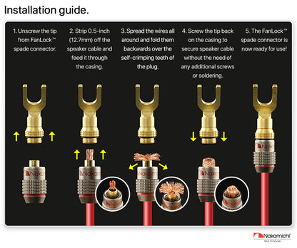 Nakamichi FanLock Excel Series 24k Gold Plated Spade Connector Banana Plug 10 AWG - 18 AWG Gauge Size 4mm for Speakers Amplifier Hi-Fi Home Theatre Wire Cable Quick Connector