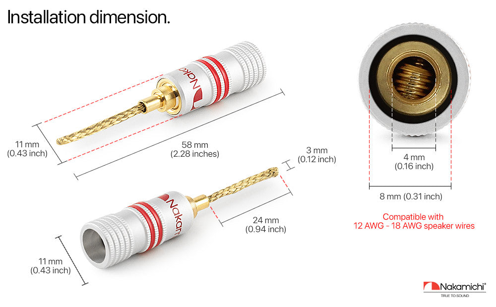 Nakamichi GrubLock Excel Series 24k Gold Plated Flex 2mm Pin Banana Plugs 10 AWG - 18 AWG Gauge Size for Spring Clip Terminal Speakers Amplifier Hi-Fi Wire Cable, Screws Connector