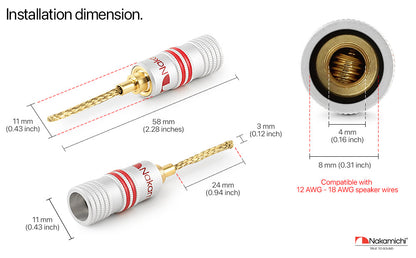 Nakamichi GrubLock Excel Series 24k Gold Plated Flex 2mm Pin Banana Plugs 10 AWG - 18 AWG Gauge Size for Spring Clip Terminal Speakers Amplifier Hi-Fi Wire Cable, Screws Connector