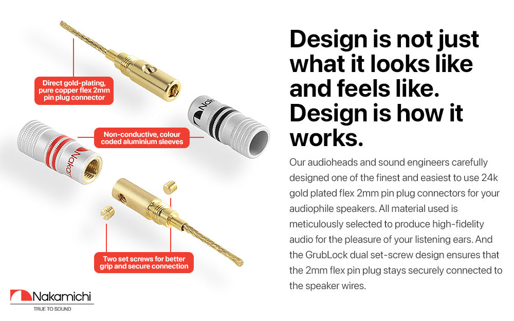 Nakamichi GrubLock Excel Series 24k Gold Plated Flex 2mm Pin Banana Plugs 10 AWG - 18 AWG Gauge Size for Spring Clip Terminal Speakers Amplifier Hi-Fi Wire Cable, Screws Connector