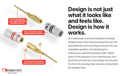 Nakamichi GrubLock Excel Series 24k Gold Plated Flex 2mm Pin Banana Plugs 10 AWG - 18 AWG Gauge Size for Spring Clip Terminal Speakers Amplifier Hi-Fi Wire Cable, Screws Connector
