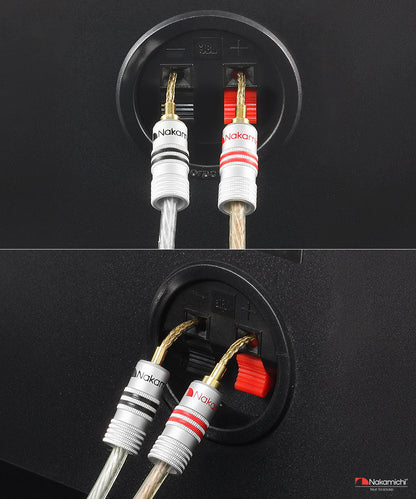 Nakamichi GrubLock Excel Series 24k Gold Plated Flex 2mm Pin Banana Plugs 10 AWG - 18 AWG Gauge Size for Spring Clip Terminal Speakers Amplifier Hi-Fi Wire Cable, Screws Connector