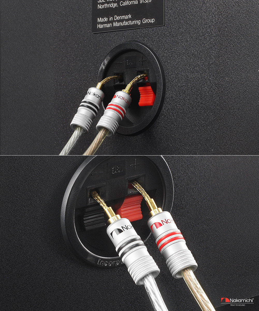 Nakamichi GrubLock Excel Series 24k Gold Plated Flex 2mm Pin Banana Plugs 10 AWG - 18 AWG Gauge Size for Spring Clip Terminal Speakers Amplifier Hi-Fi Wire Cable, Screws Connector