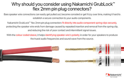 Nakamichi GrubLock Excel Series 24k Gold Plated Flex 2mm Pin Banana Plugs 10 AWG - 18 AWG Gauge Size for Spring Clip Terminal Speakers Amplifier Hi-Fi Wire Cable, Screws Connector