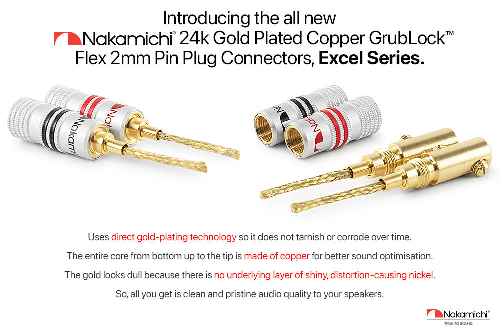 Nakamichi GrubLock Excel Series 24k Gold Plated Flex 2mm Pin Banana Plugs 10 AWG - 18 AWG Gauge Size for Spring Clip Terminal Speakers Amplifier Hi-Fi Wire Cable, Screws Connector