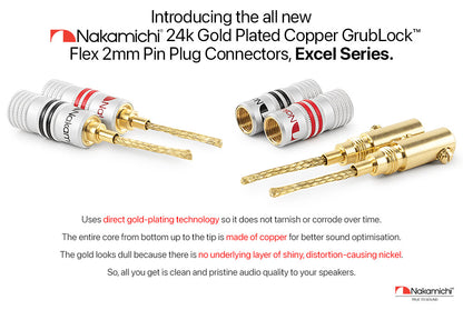 Nakamichi GrubLock Excel Series 24k Gold Plated Flex 2mm Pin Banana Plugs 10 AWG - 18 AWG Gauge Size for Spring Clip Terminal Speakers Amplifier Hi-Fi Wire Cable, Screws Connector