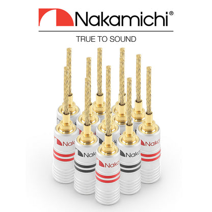 Nakamichi GrubLock Excel Series 24k Gold Plated Flex 2mm Pin Banana Plugs 10 AWG - 18 AWG Gauge Size for Spring Clip Terminal Speakers Amplifier Hi-Fi Wire Cable, Screws Connector