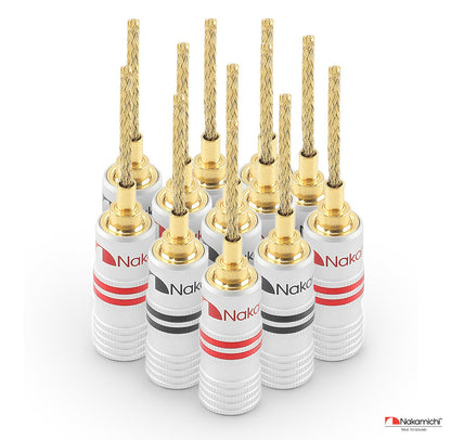 Nakamichi GrubLock Excel Series 24k Gold Plated Flex 2mm Pin Banana Plugs 10 AWG - 18 AWG Gauge Size for Spring Clip Terminal Speakers Amplifier Hi-Fi Wire Cable, Screws Connector