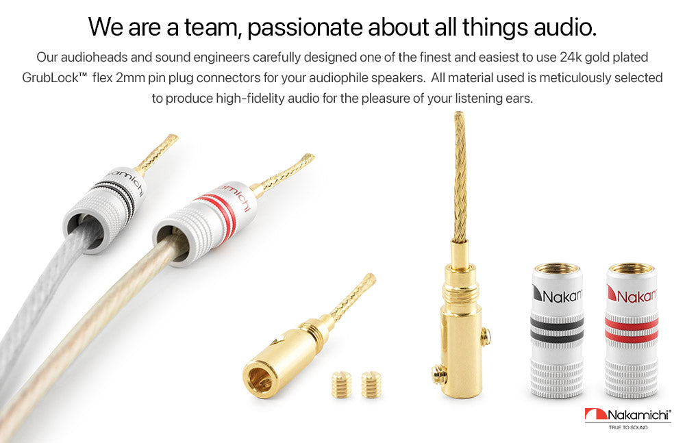 Nakamichi GrubLock Excel Series 24k Gold Plated Flex 2mm Pin Banana Plugs 10 AWG - 18 AWG Gauge Size for Spring Clip Terminal Speakers Amplifier Hi-Fi Wire Cable, Screws Connector