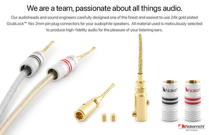 Nakamichi GrubLock Excel Series 24k Gold Plated Flex 2mm Pin Banana Plugs 10 AWG - 18 AWG Gauge Size for Spring Clip Terminal Speakers Amplifier Hi-Fi Wire Cable, Screws Connector