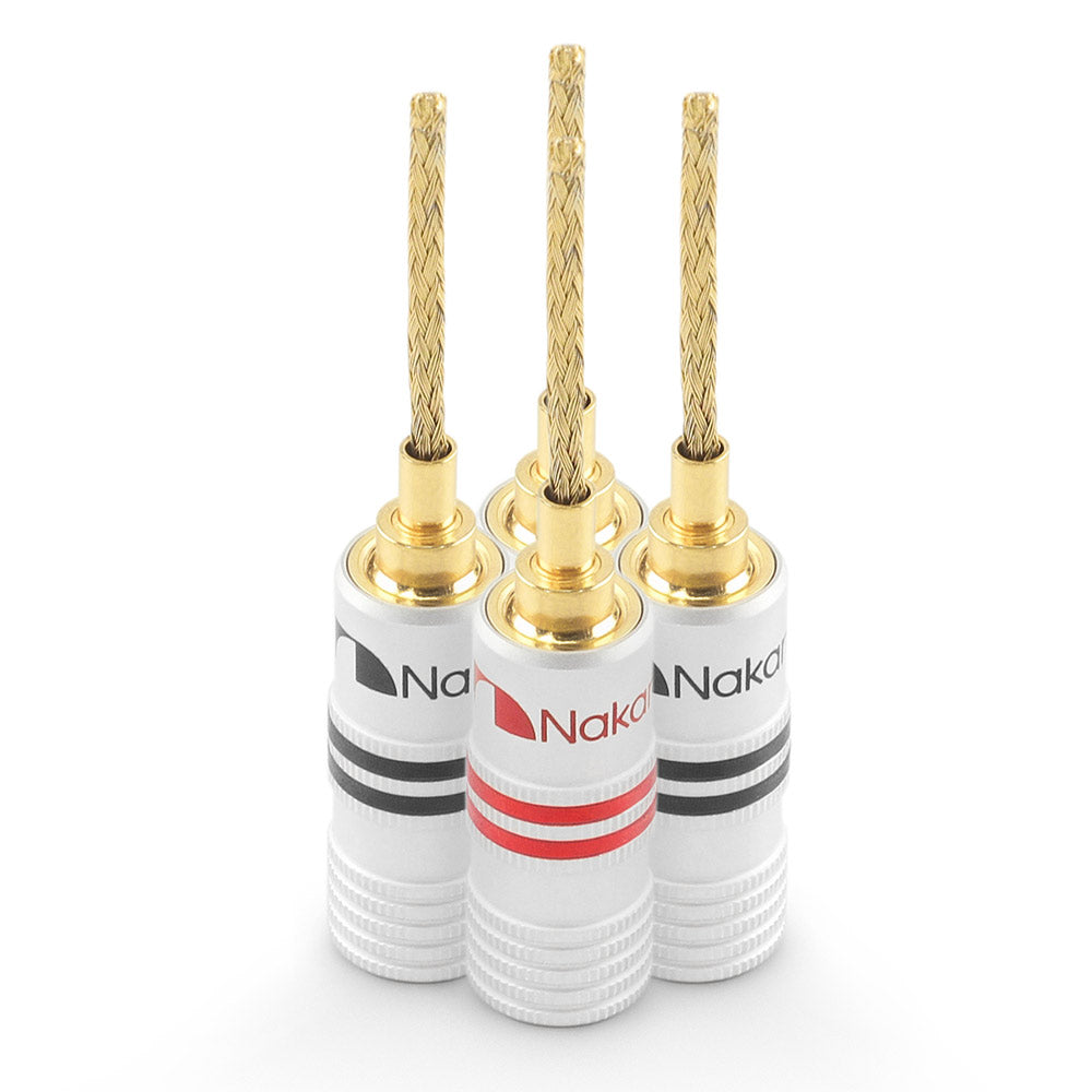 Nakamichi GrubLock Excel Series 24k Gold Plated Flex 2mm Pin Banana Plugs 10 AWG - 18 AWG Gauge Size for Spring Clip Terminal Speakers Amplifier Hi-Fi Wire Cable, Screws Connector