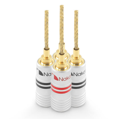 Nakamichi GrubLock Excel Series 24k Gold Plated Flex 2mm Pin Banana Plugs 10 AWG - 18 AWG Gauge Size for Spring Clip Terminal Speakers Amplifier Hi-Fi Wire Cable, Screws Connector