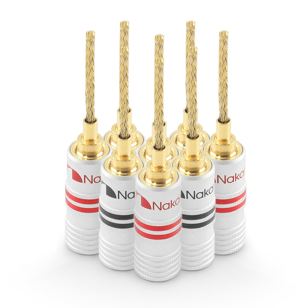 Nakamichi GrubLock Excel Series 24k Gold Plated Flex 2mm Pin Banana Plugs 10 AWG - 18 AWG Gauge Size for Spring Clip Terminal Speakers Amplifier Hi-Fi Wire Cable, Screws Connector