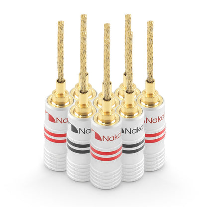 Nakamichi GrubLock Excel Series 24k Gold Plated Flex 2mm Pin Banana Plugs 10 AWG - 18 AWG Gauge Size for Spring Clip Terminal Speakers Amplifier Hi-Fi Wire Cable, Screws Connector