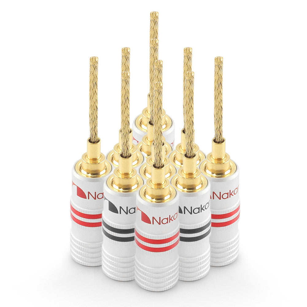 Nakamichi GrubLock Excel Series 24k Gold Plated Flex 2mm Pin Banana Plugs 10 AWG - 18 AWG Gauge Size for Spring Clip Terminal Speakers Amplifier Hi-Fi Wire Cable, Screws Connector