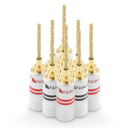 Nakamichi GrubLock Excel Series 24k Gold Plated Flex 2mm Pin Banana Plugs 10 AWG - 18 AWG Gauge Size for Spring Clip Terminal Speakers Amplifier Hi-Fi Wire Cable, Screws Connector