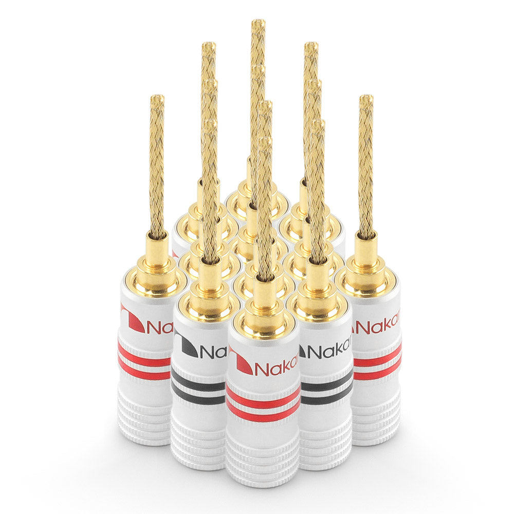 Nakamichi GrubLock Excel Series 24k Gold Plated Flex 2mm Pin Banana Plugs 10 AWG - 18 AWG Gauge Size for Spring Clip Terminal Speakers Amplifier Hi-Fi Wire Cable, Screws Connector