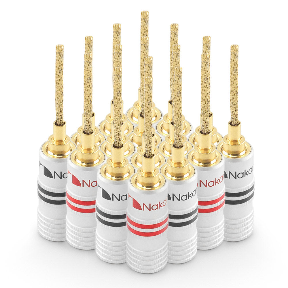 Nakamichi GrubLock Excel Series 24k Gold Plated Flex 2mm Pin Banana Plugs 10 AWG - 18 AWG Gauge Size for Spring Clip Terminal Speakers Amplifier Hi-Fi Wire Cable, Screws Connector